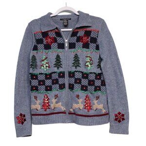 Vintage 90s Holiday Christmas Sweater Small Ramie Wool Zip Embroidered Beaded